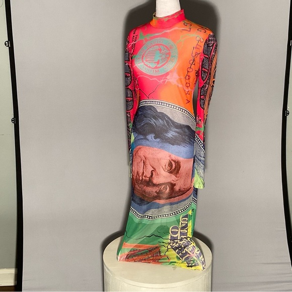 No 1 Los Angeles Long Sleeve Stretch Dollar Print Mesh Bodycon Sexy Maxi Dress - Picture 2 of 14